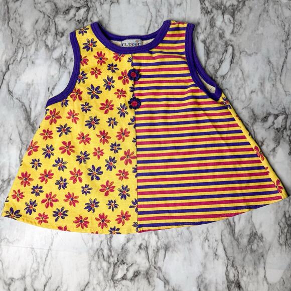 VTG 1990s Girls Striped Floral Swing Tank Top Size 6 6X Made in USA Yellow - Picture 2 of 5